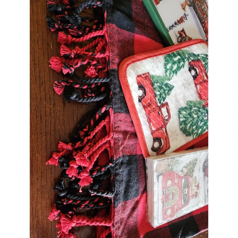 Christmas Decor Little Red Truck Kitchen pot holder, cutting board, coasters New